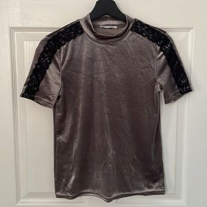 Zara Trafaluc velour short sleeve mock neck with shoulder lace detail